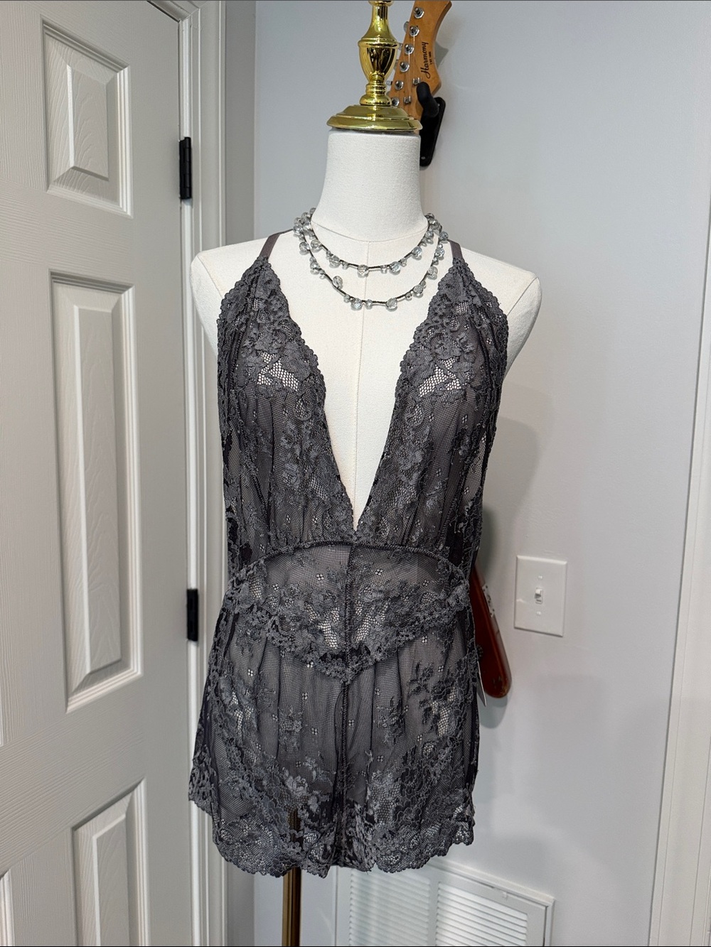 Free People Charcoal Gray Sheer Lace Plunge Romper Chemise